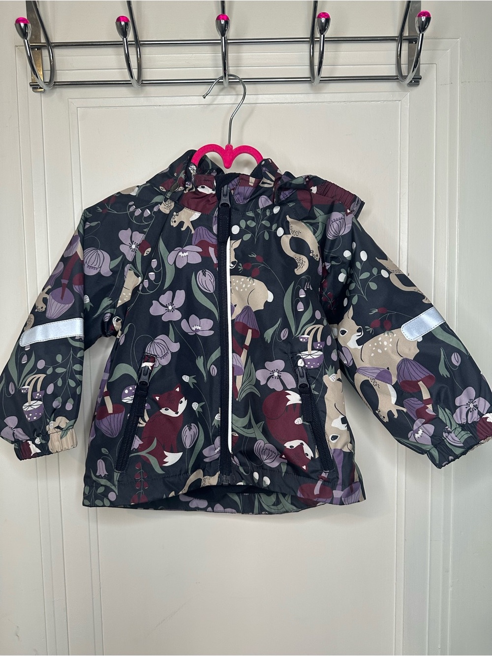 Polarn O. Pyret Navy Flora Jacket with Maroon Fox & purple flower Accents